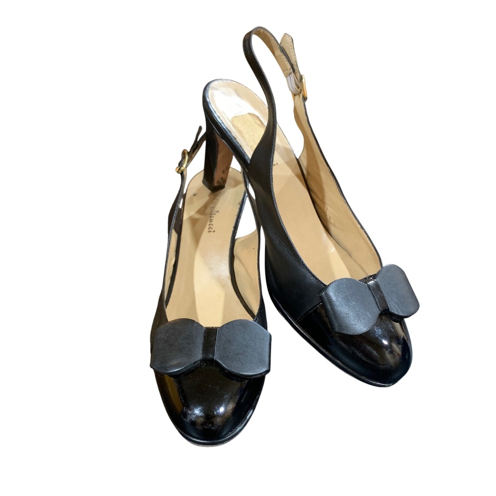 Sesto Meucci Black Slingback Heels Bow Patent Leather Italy 8.5M